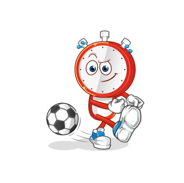 Çalar saat kafalı çizgi film karakteri topa vuruyor. çizgi film maskotu vektörü