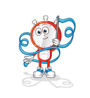 Çalar saat kafalı çizgi film Ritmik Jimnastik maskotu. çizgi film vektörü