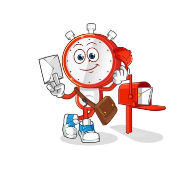 Çalar saat kafalı postacı vektörü. çizgi film karakteri