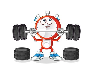 Çalar saat kafalı çizgi film, halter karakterini kaldırıyor. çizgi film vektörü