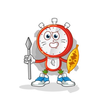 Çalar saat başı çizgi film karakteri Afrikalı kabile savaşçı maskotu. çizgi film vektörü