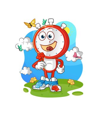 Çalar saat kafalı çizgi film karakteri baharda çiçek topluyor. karakter vektörü