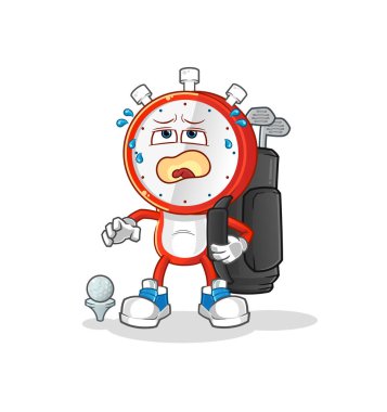 Golf ekipmanlı çalar saat kafalı çizgi film. çizgi film maskotu vektörü