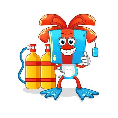 Hediye kafalı çizgi film dalgıcı. çizgi film maskotu vektörü