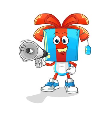 Hediye kafası çizgi filmi hoparlör vektörünü tutuyor. çizgi film karakteri