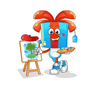 Hediye kafalı karikatür sanatçısı maskotu. çizgi film vektörü