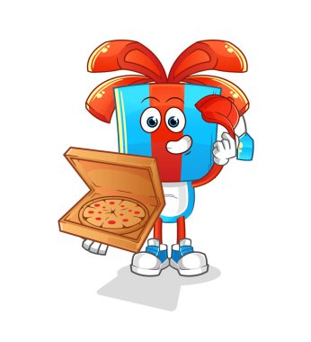 Hediye kafalı çizgi film pizzacısı çocuk vektörü. çizgi film karakteri