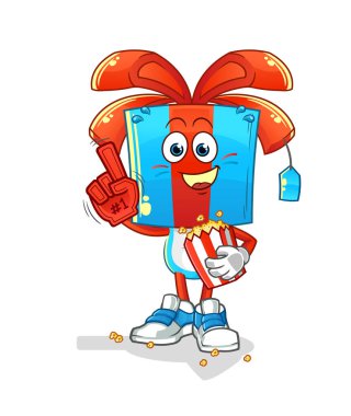 Patlamış mısır illüstrasyonlu hediye kafalı çizgi film hayranı. karakter vektörü