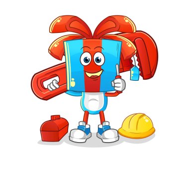 Hediye kafalı karikatür tesisatçısı. çizgi film maskotu vektörü