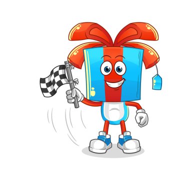 Hediye kafası çizgi filminin bitiş bayrağı. çizgi film maskotu vektörü