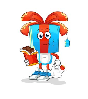 Hediye kafası çizgi filmi çikolata maskotu yer. çizgi film vektörü