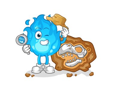 Fosil maskotlu mavi ateş arkeologları. çizgi film vektörü