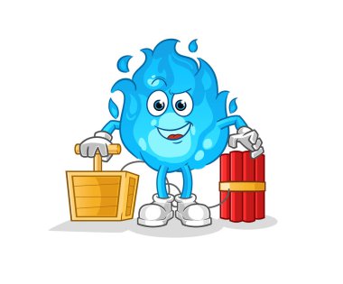 Mavi yangın dinamit patlatıcısı taşıyor. çizgi film maskotu vektörü