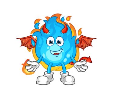 Kanat karakteri olan mavi ateş şeytanı. çizgi film maskotu vektörü