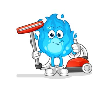 Mavi yangın elektrikli süpürgeyle temizlendi. karakter vektörü