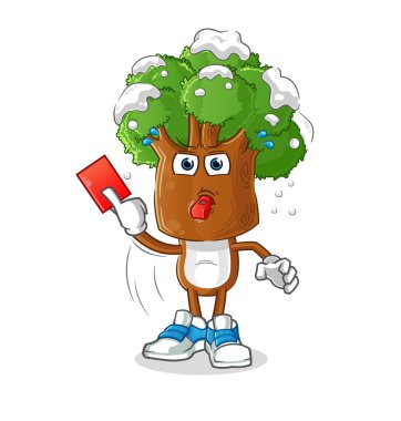 Kırmızı kart resimli ağaç başlı çizgi film hakemi. karakter vektörü