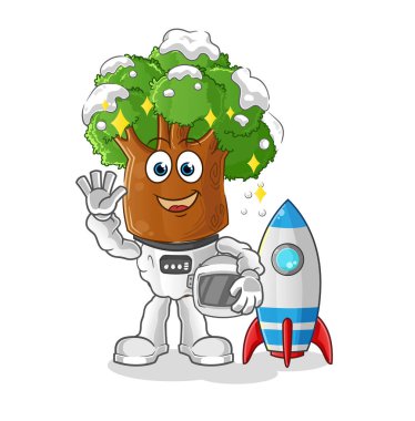 Ağaç kafalı çizgi film astronotu el sallıyor. çizgi film vektörü