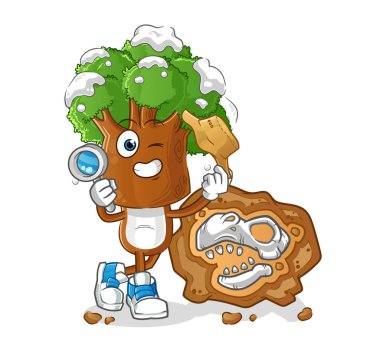 Fosil maskotlu ağaç kafalı arkeologlar. çizgi film vektörü