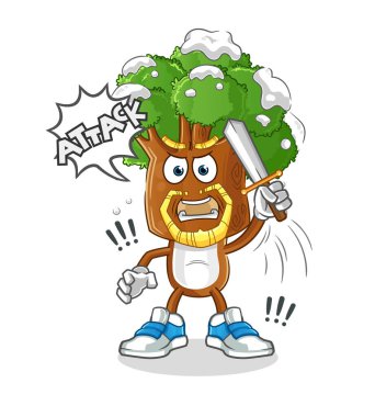 Ağaç başlı çizgi film şövalyeleri kılıçla saldırır. çizgi film vektörü