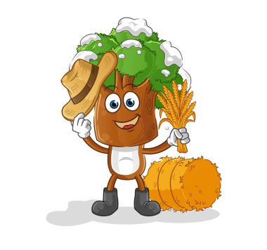 Ağaç kafalı çizgi film çiftçisi maskotu. çizgi film vektörü