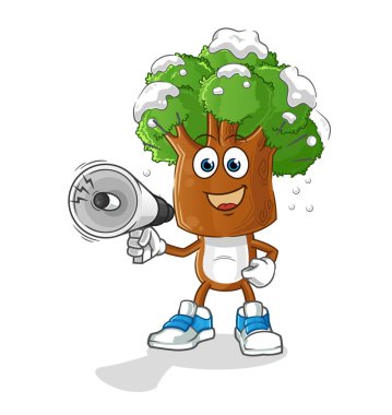 Ağaç başı çizgi filmi hoparlör vektörünü tutuyor. çizgi film karakteri