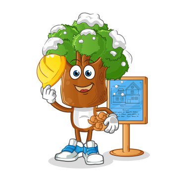 Ağaç kafalı karikatür mimari çizimi. karakter vektörü