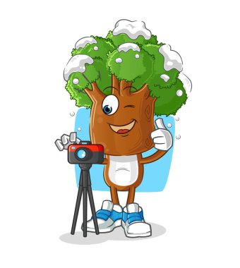 Ağaç kafalı karikatür fotoğrafçısı karakter. çizgi film vektörü