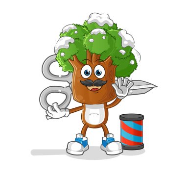 Ağaç kafalı karikatür berberi. çizgi film maskotu vektörü