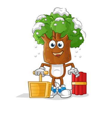 Ağaç kafalı çizgi film elinde dinamit fünyesi tutuyor. çizgi film vektörü