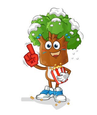 Patlamış mısır resimli ağaç kafalı çizgi film hayranı. karakter vektörü