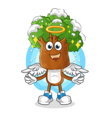 Kanat vektörlü ağaç başlı karikatür melek. çizgi film karakteri