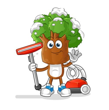 Ağaç kafalı çizgi film süpürgeyle temizlendi. karakter vektörü