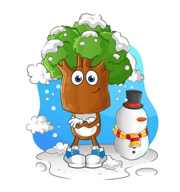 Soğuk kış karakterindeki ağaç kafalı çizgi film. çizgi film vektörü