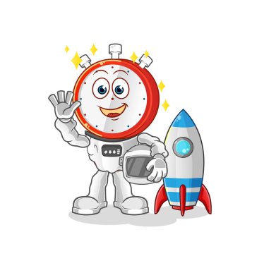 Çalar saat kafalı çizgi film astronotu el sallıyor. çizgi film vektörü