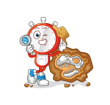 Fosil maskotlu çalar saat kafalı çizgi film arkeologları. çizgi film vektörü