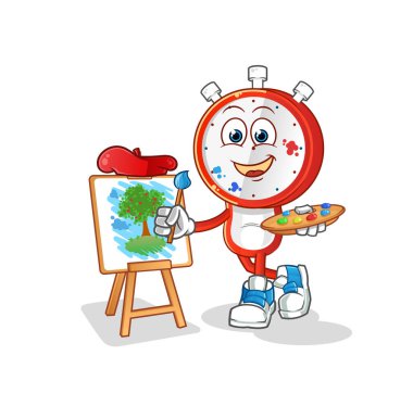 Çalar saat kafalı karikatür sanatçısı maskotu. çizgi film vektörü