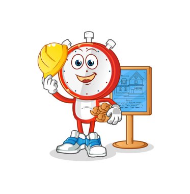 Çalar saat kafalı karikatür mimari çizimi. karakter vektörü