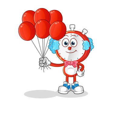 Çalar saat kafalı palyaço balon vektörlü. çizgi film karakteri
