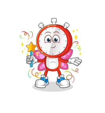 Çalar saat kafalı kanatlı ve sopalı çizgi film perisi. çizgi film vektörü