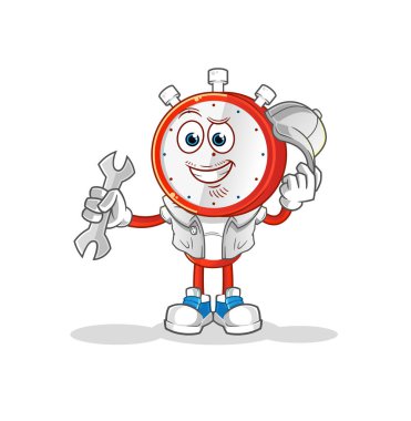 Çalar saat kafalı mekanik çizgi film karakteri. çizgi film maskotu vektörü