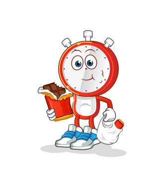 Çalar saat kafalı çizgi film karakteri çikolata maskotu yiyor. çizgi film vektörü