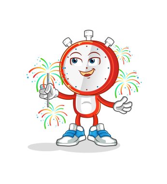 Çalar saat kafalı, havai fişek maskotlu bir çizgi film. çizgi film vektörü