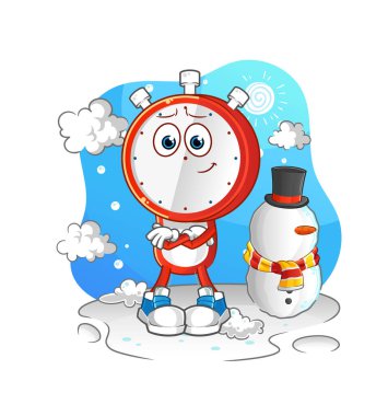 Soğuk kış karakteri içinde alarmlı saat çizgi filmi. çizgi film vektörü