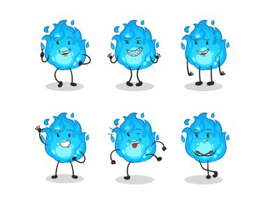 Mavi ateş mutlu set karakteri. çizgi film maskotu vektörü