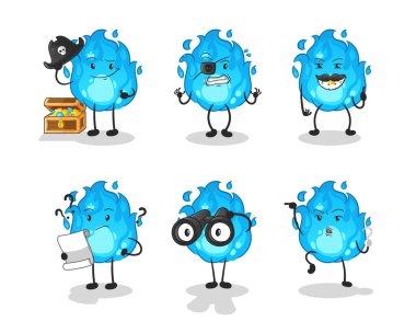 Mavi ateş korsan grubu karakteri. çizgi film maskotu vektörü