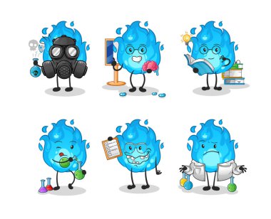 Mavi ateş bilim adamı grup karakteri. çizgi film maskotu vektörü