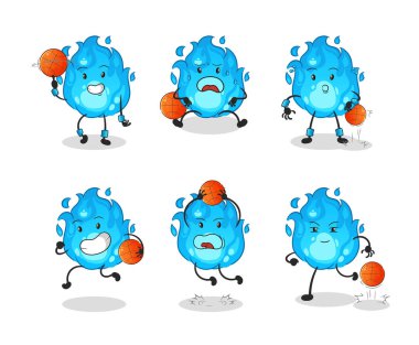 Mavi ateş basketbol oyuncusu grup karakteri. maskot vektörü