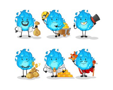 Mavi ateş zengin grup karakteri. çizgi film maskotu vektörü