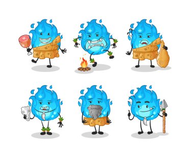 Mavi ateş ilkel insan grubu karakteri. maskot vektörü