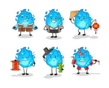 Mavi ateş Asya kültürü seti. çizgi film maskotu vektörü